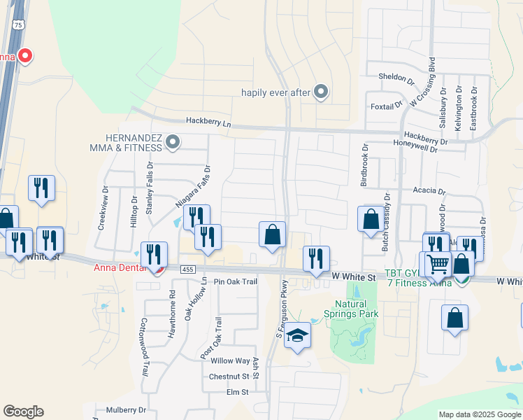 map of restaurants, bars, coffee shops, grocery stores, and more near 1610 Avery Pointe Drive in Anna
