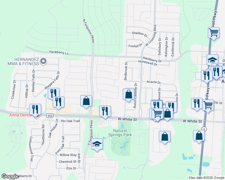 map of restaurants, bars, coffee shops, grocery stores, and more near 1318 Deerfield Drive in Anna