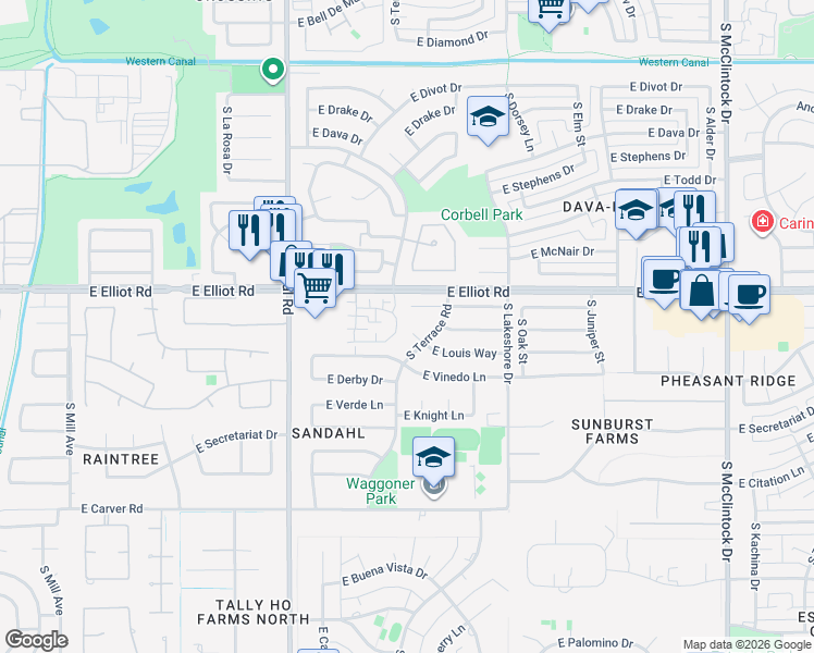 map of restaurants, bars, coffee shops, grocery stores, and more near 1114 East Louis Way in Tempe