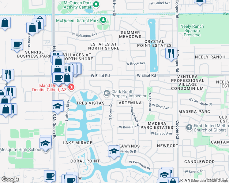 map of restaurants, bars, coffee shops, grocery stores, and more near 101 South Ocean Drive in Gilbert