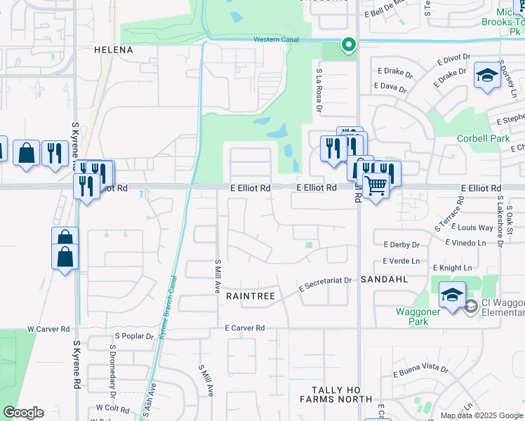 map of restaurants, bars, coffee shops, grocery stores, and more near 222 East Krista Way in Tempe