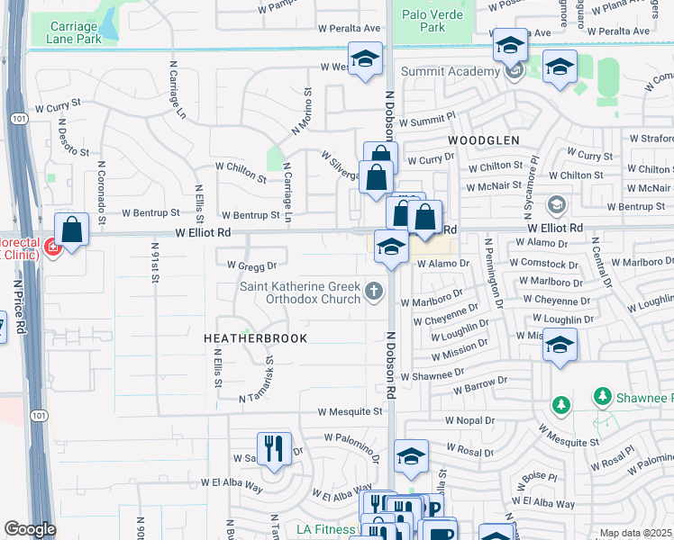 map of restaurants, bars, coffee shops, grocery stores, and more near 2116 West Comstock Drive in Chandler