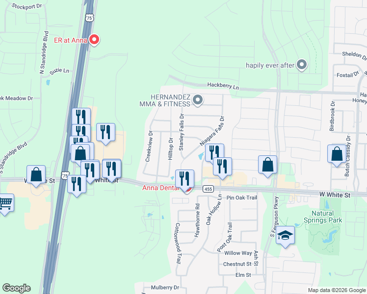 map of restaurants, bars, coffee shops, grocery stores, and more near 417 Stanley Falls Drive in Anna