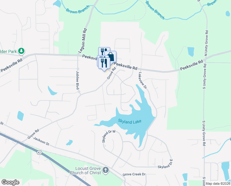 map of restaurants, bars, coffee shops, grocery stores, and more near 157 Waters Edge Drive in Locust Grove