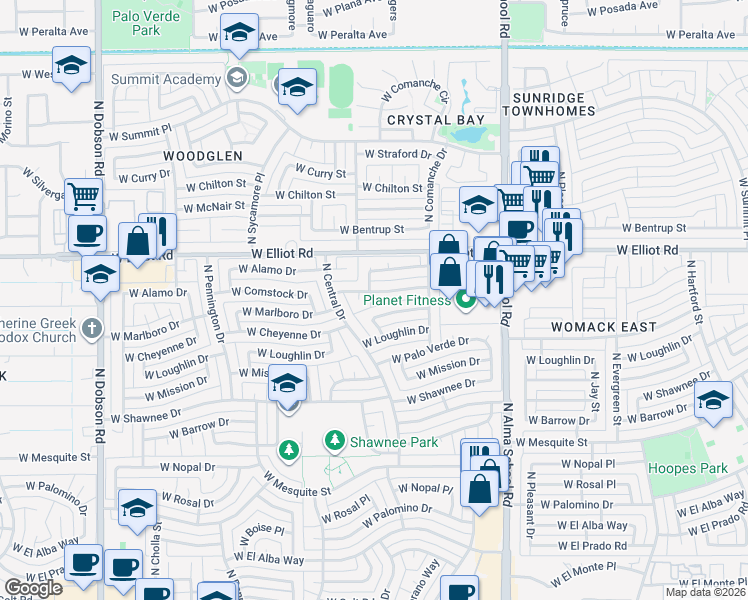 map of restaurants, bars, coffee shops, grocery stores, and more near 1213 West Marlboro Drive in Chandler
