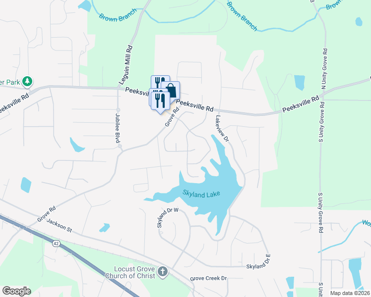 map of restaurants, bars, coffee shops, grocery stores, and more near 157 Waters Edge Drive in Locust Grove