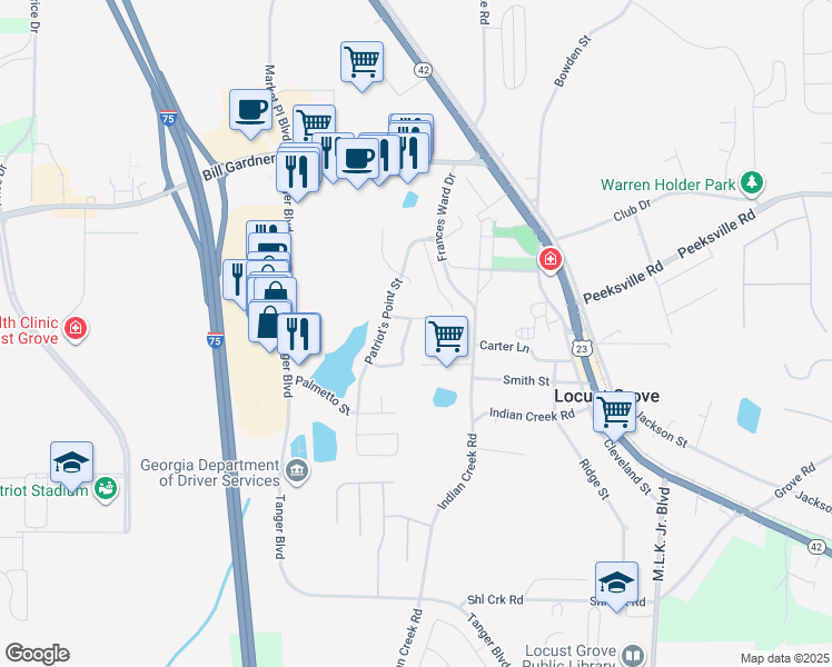 map of restaurants, bars, coffee shops, grocery stores, and more near 1032 Allegiance Drive in Locust Grove