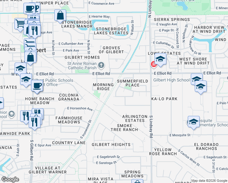 map of restaurants, bars, coffee shops, grocery stores, and more near 118 S Riata Dr in Gilbert