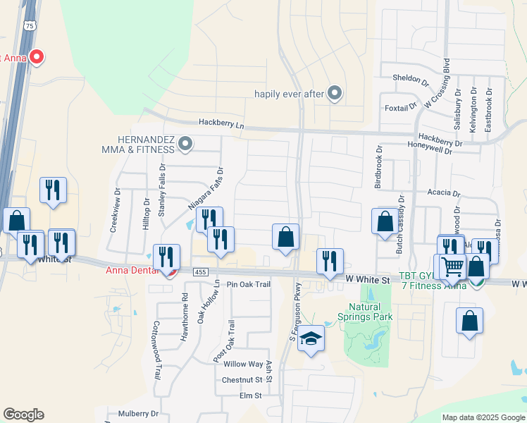 map of restaurants, bars, coffee shops, grocery stores, and more near 1610 Avery Pointe Drive in Anna