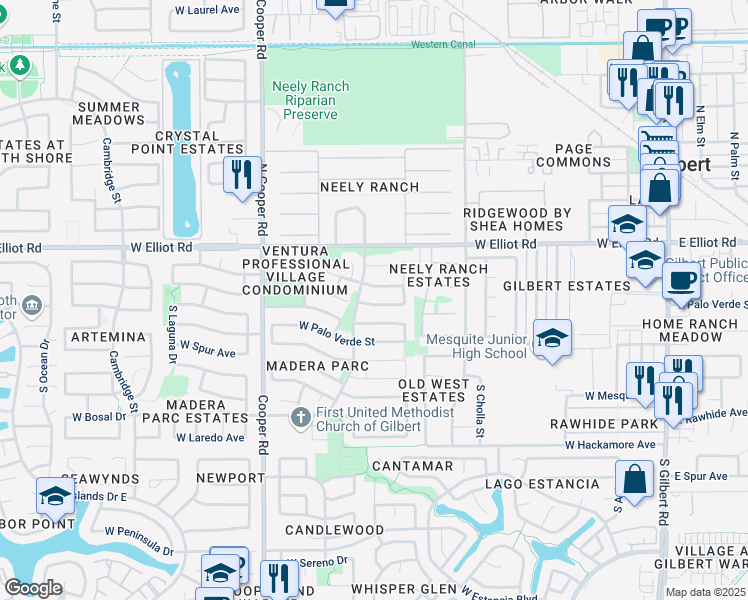 map of restaurants, bars, coffee shops, grocery stores, and more near 544 West Sierra Madre Avenue in Gilbert
