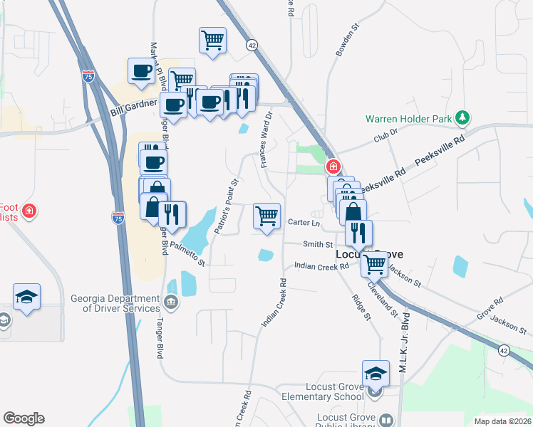 map of restaurants, bars, coffee shops, grocery stores, and more near 922 Justice Drive in Locust Grove