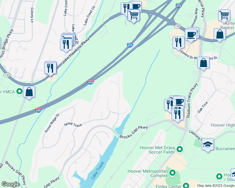 map of restaurants, bars, coffee shops, grocery stores, and more near 5481 Scout Creek Drive in Hoover