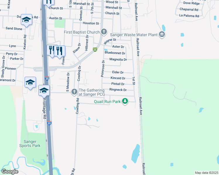 map of restaurants, bars, coffee shops, grocery stores, and more near 135 Ringneck Drive in Sanger