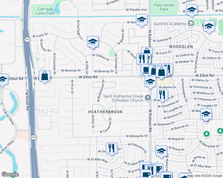 map of restaurants, bars, coffee shops, grocery stores, and more near 2321 West Gregg Drive in Chandler