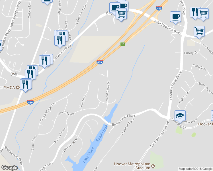 map of restaurants, bars, coffee shops, grocery stores, and more near 5481 Scout Creek Drive in Hoover