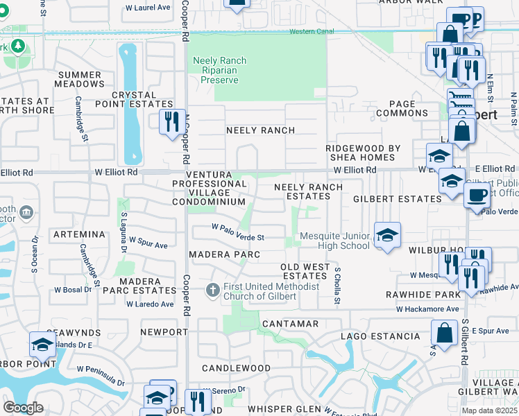 map of restaurants, bars, coffee shops, grocery stores, and more near 544 West Sierra Madre Avenue in Gilbert