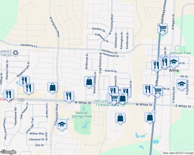 map of restaurants, bars, coffee shops, grocery stores, and more near 305 Butch Cassidy Drive in Anna