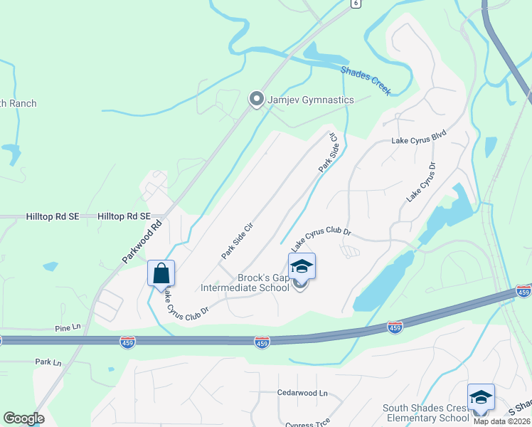 map of restaurants, bars, coffee shops, grocery stores, and more near 5202 Park Side Circle in Birmingham