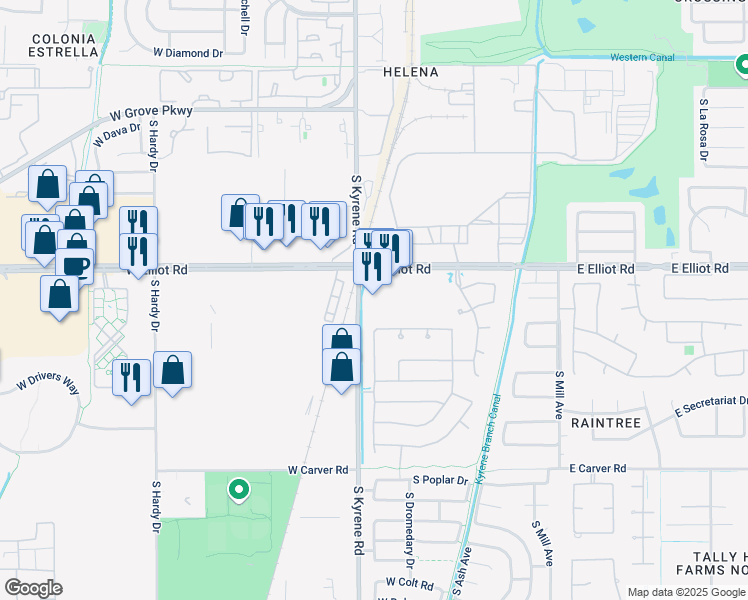 map of restaurants, bars, coffee shops, grocery stores, and more near 7707 South Kyrene Road in Tempe