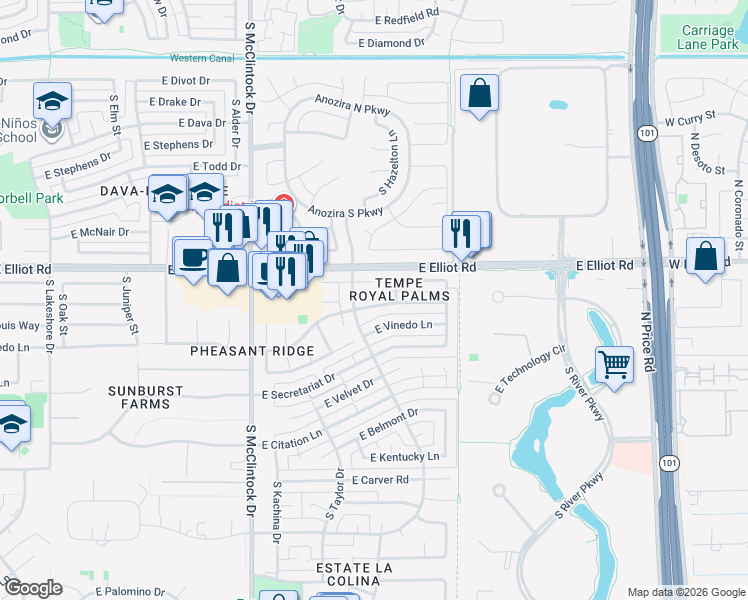 map of restaurants, bars, coffee shops, grocery stores, and more near 1922 East Krista Way in Tempe