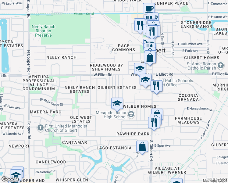 map of restaurants, bars, coffee shops, grocery stores, and more near 101 South Sahuaro Drive in Gilbert