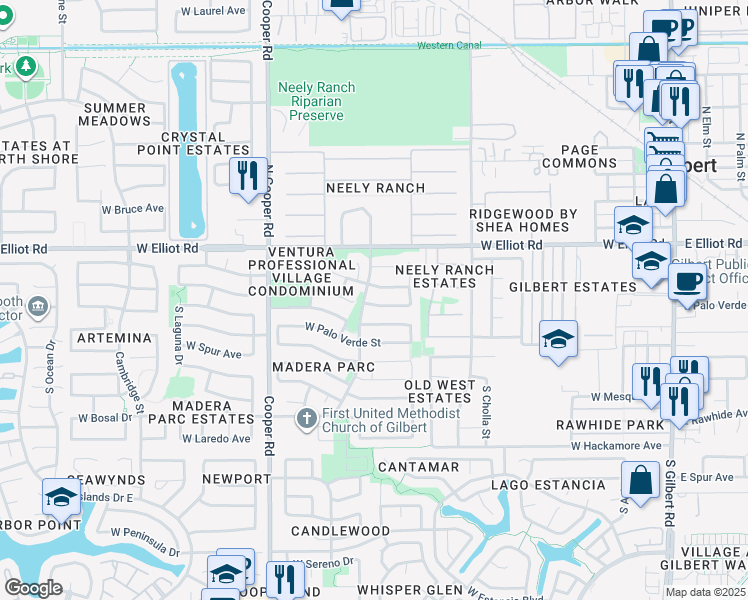 map of restaurants, bars, coffee shops, grocery stores, and more near 544 West Sierra Madre Avenue in Gilbert