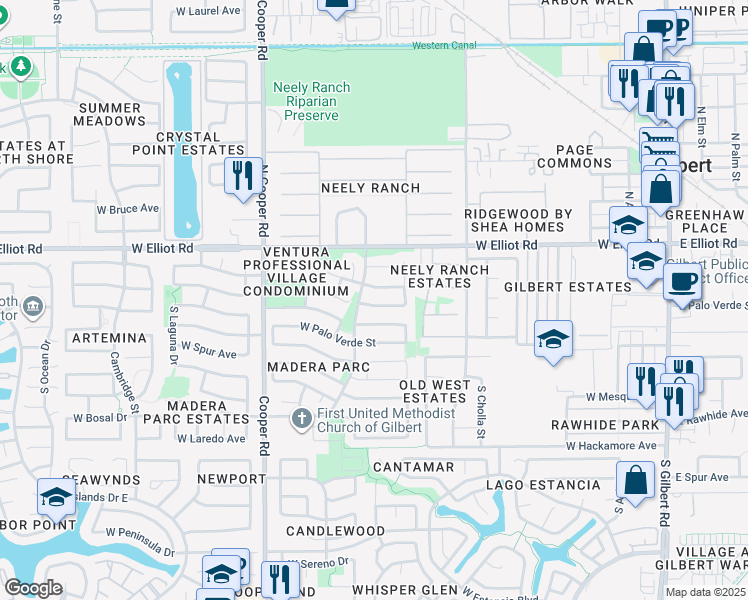 map of restaurants, bars, coffee shops, grocery stores, and more near 544 West Sierra Madre Avenue in Gilbert