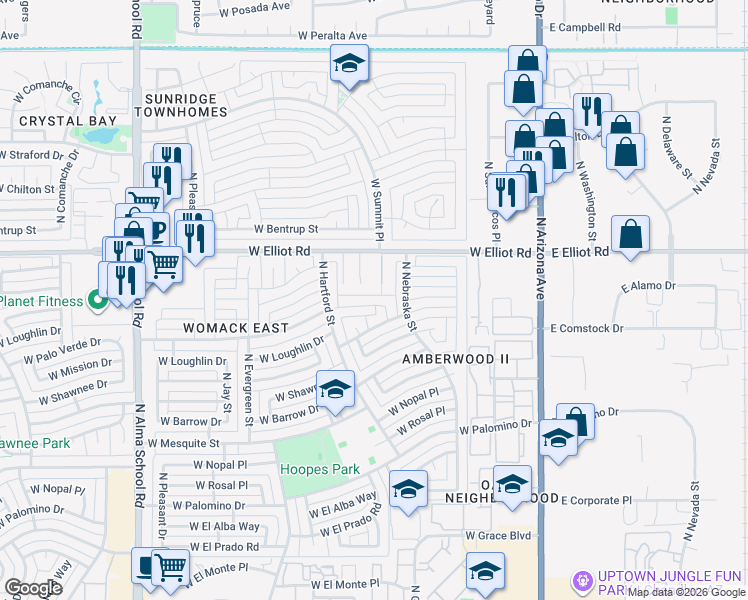 map of restaurants, bars, coffee shops, grocery stores, and more near 504 West Cheyenne Drive in Chandler