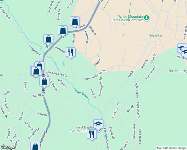 map of restaurants, bars, coffee shops, grocery stores, and more near 301 Cree Meadows Drive in Ruidoso