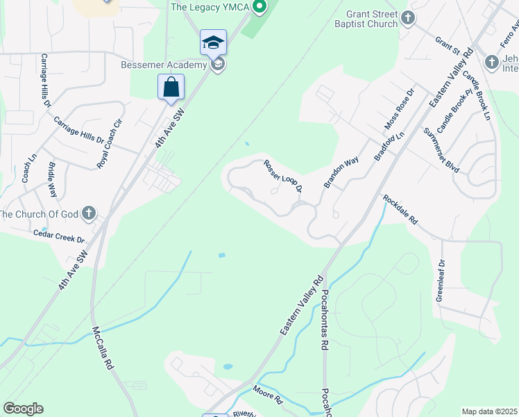 map of restaurants, bars, coffee shops, grocery stores, and more near 4624 Rosser Loop Drive in Bessemer