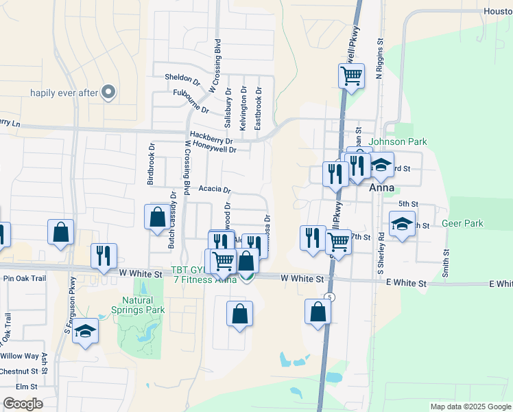 map of restaurants, bars, coffee shops, grocery stores, and more near 716 Mahogany Drive in Anna