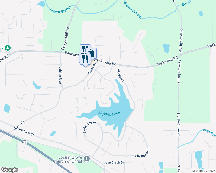 map of restaurants, bars, coffee shops, grocery stores, and more near 742 Kaylors Meadow in Locust Grove