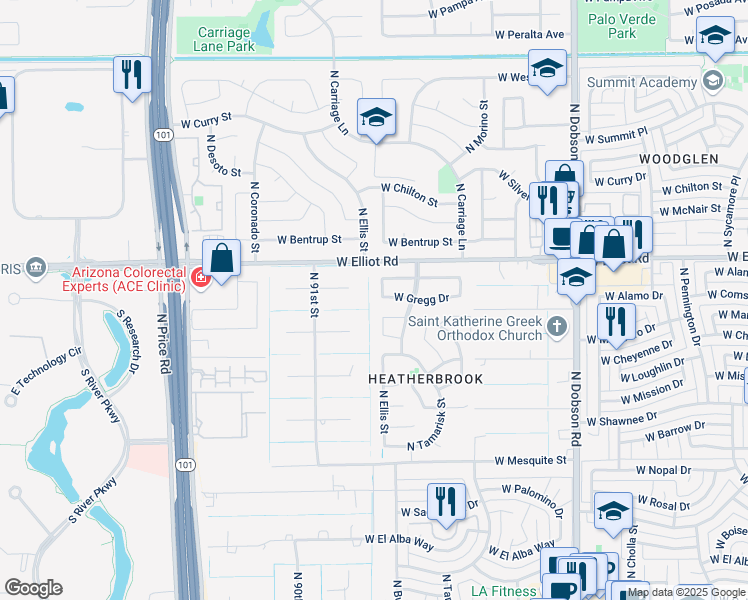 map of restaurants, bars, coffee shops, grocery stores, and more near 2936 North Ellis Street in Chandler