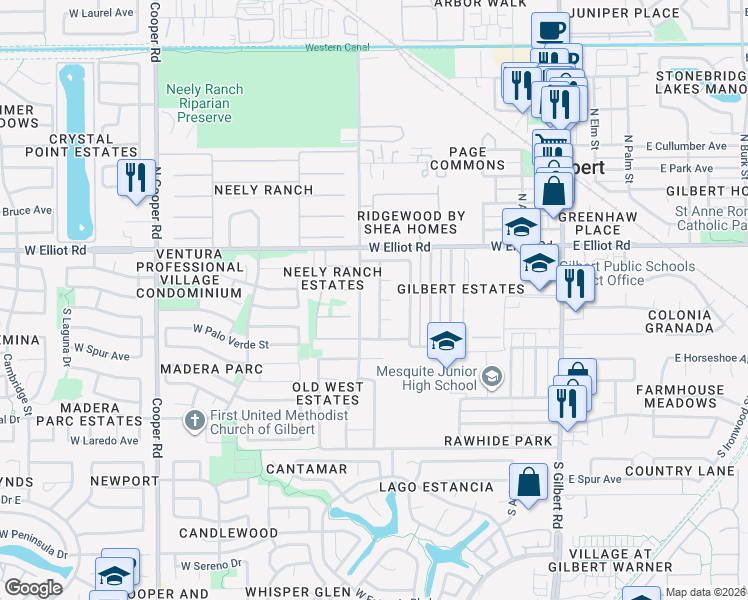 map of restaurants, bars, coffee shops, grocery stores, and more near 45 South Neely Street in Gilbert