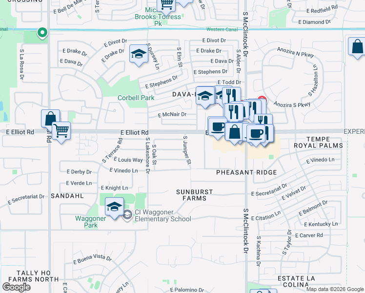 map of restaurants, bars, coffee shops, grocery stores, and more near 1340 East Krista Way in Tempe