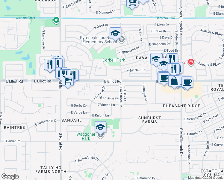 map of restaurants, bars, coffee shops, grocery stores, and more near 1232 East Krista Way in Tempe