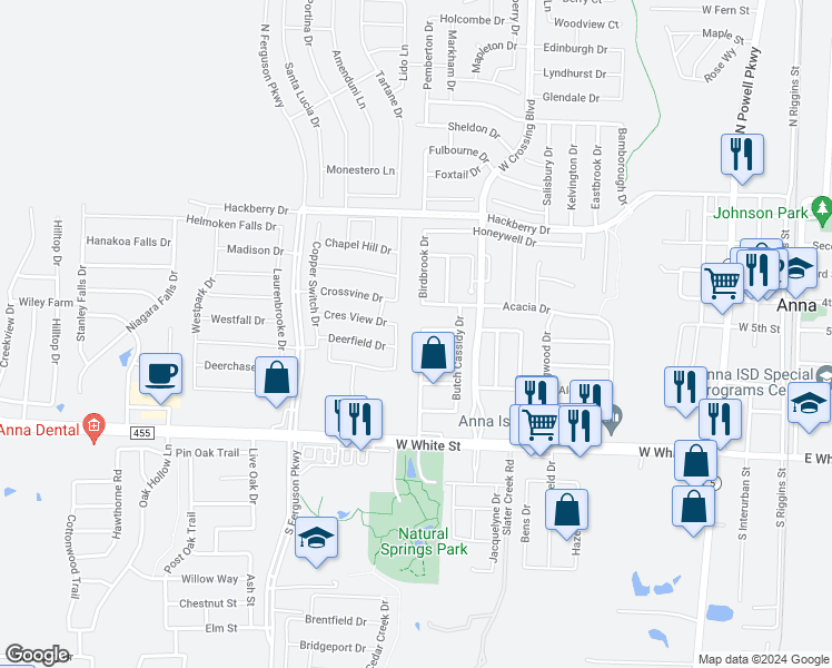 map of restaurants, bars, coffee shops, grocery stores, and more near 304 Buffalo Bill Drive in Anna