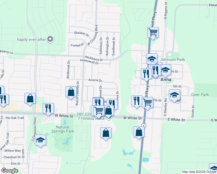 map of restaurants, bars, coffee shops, grocery stores, and more near 720 Mahogany Drive in Anna