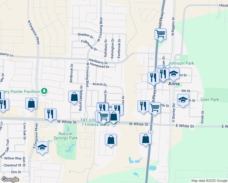 map of restaurants, bars, coffee shops, grocery stores, and more near 800 Mahogany Drive in Anna