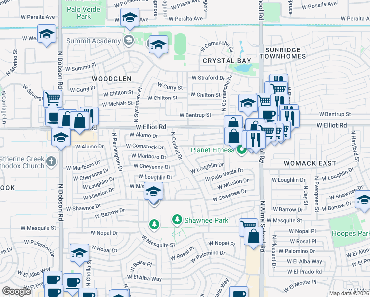 map of restaurants, bars, coffee shops, grocery stores, and more near 1309 West Marlboro Drive in Chandler