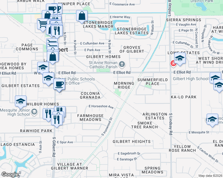 map of restaurants, bars, coffee shops, grocery stores, and more near 108 South Morning Ridge Drive in Gilbert