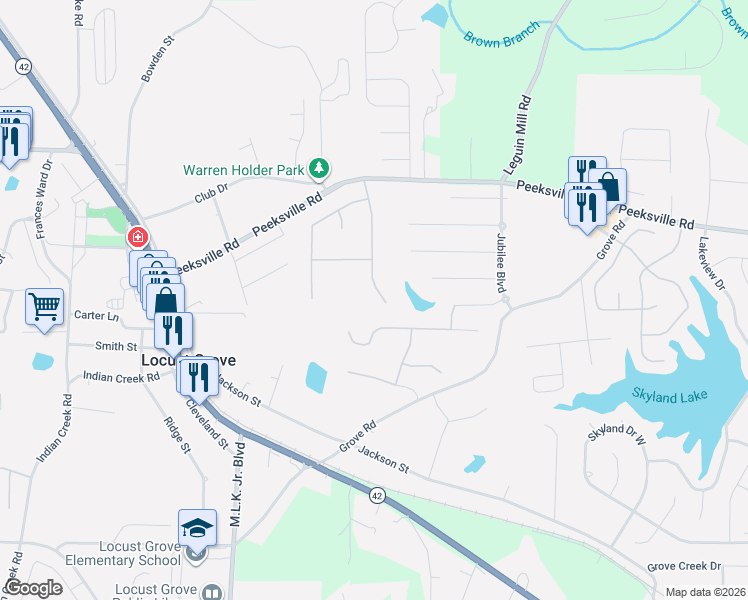 map of restaurants, bars, coffee shops, grocery stores, and more near 468 Louise Way in Locust Grove