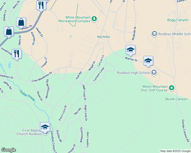 map of restaurants, bars, coffee shops, grocery stores, and more near 117 Torreon Loop in Ruidoso