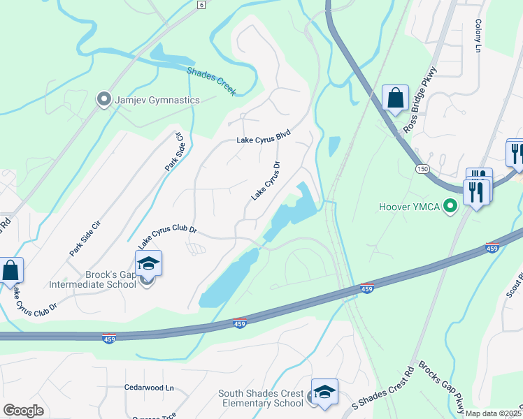 map of restaurants, bars, coffee shops, grocery stores, and more near 6047 Waterside Drive in Birmingham