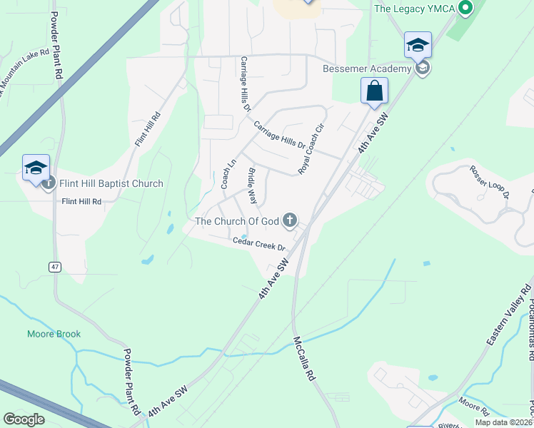 map of restaurants, bars, coffee shops, grocery stores, and more near 5546 Bridle Way in Bessemer