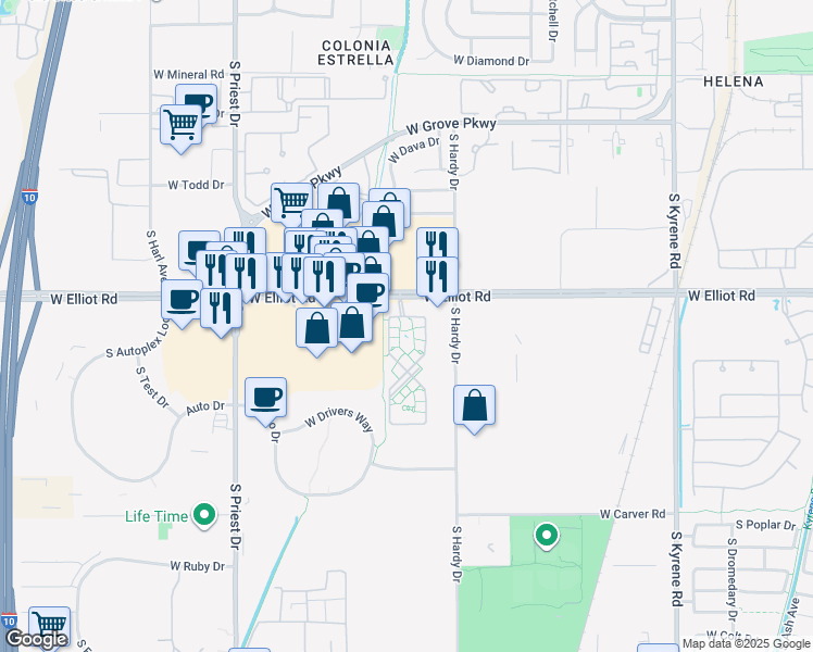 map of restaurants, bars, coffee shops, grocery stores, and more near Unnamed Road in Tempe