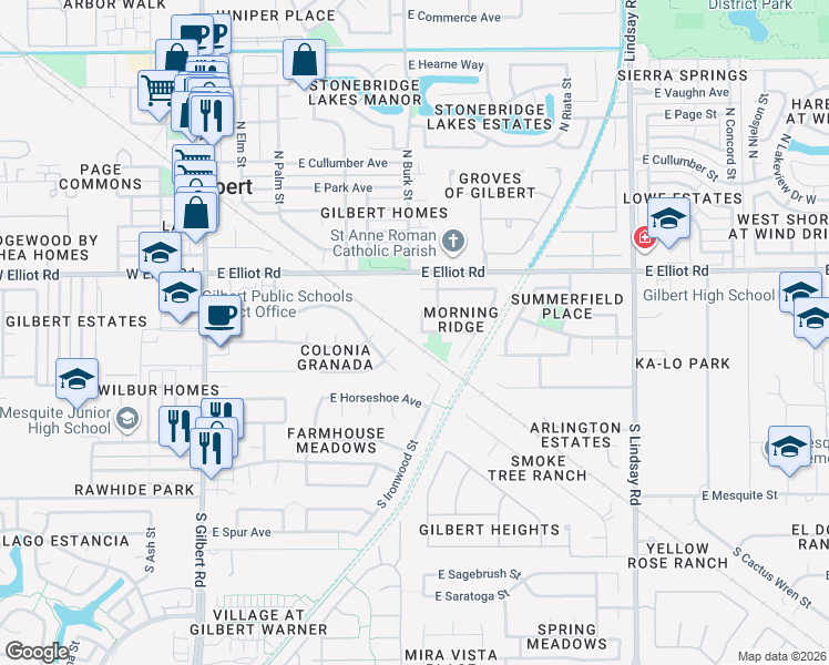 map of restaurants, bars, coffee shops, grocery stores, and more near 108 South Morning Ridge Drive in Gilbert