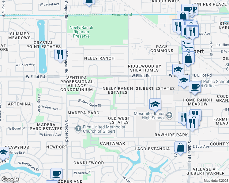 map of restaurants, bars, coffee shops, grocery stores, and more near 502 West Sierra Madre Avenue in Gilbert