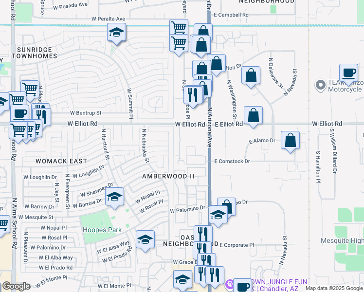 map of restaurants, bars, coffee shops, grocery stores, and more near 2940 North Oregon Street in Chandler