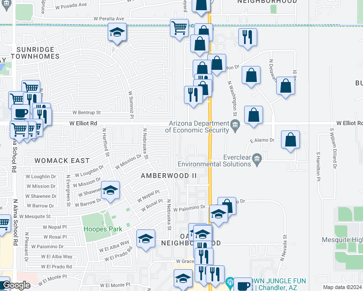 map of restaurants, bars, coffee shops, grocery stores, and more near 2940 North Oregon Street in Chandler